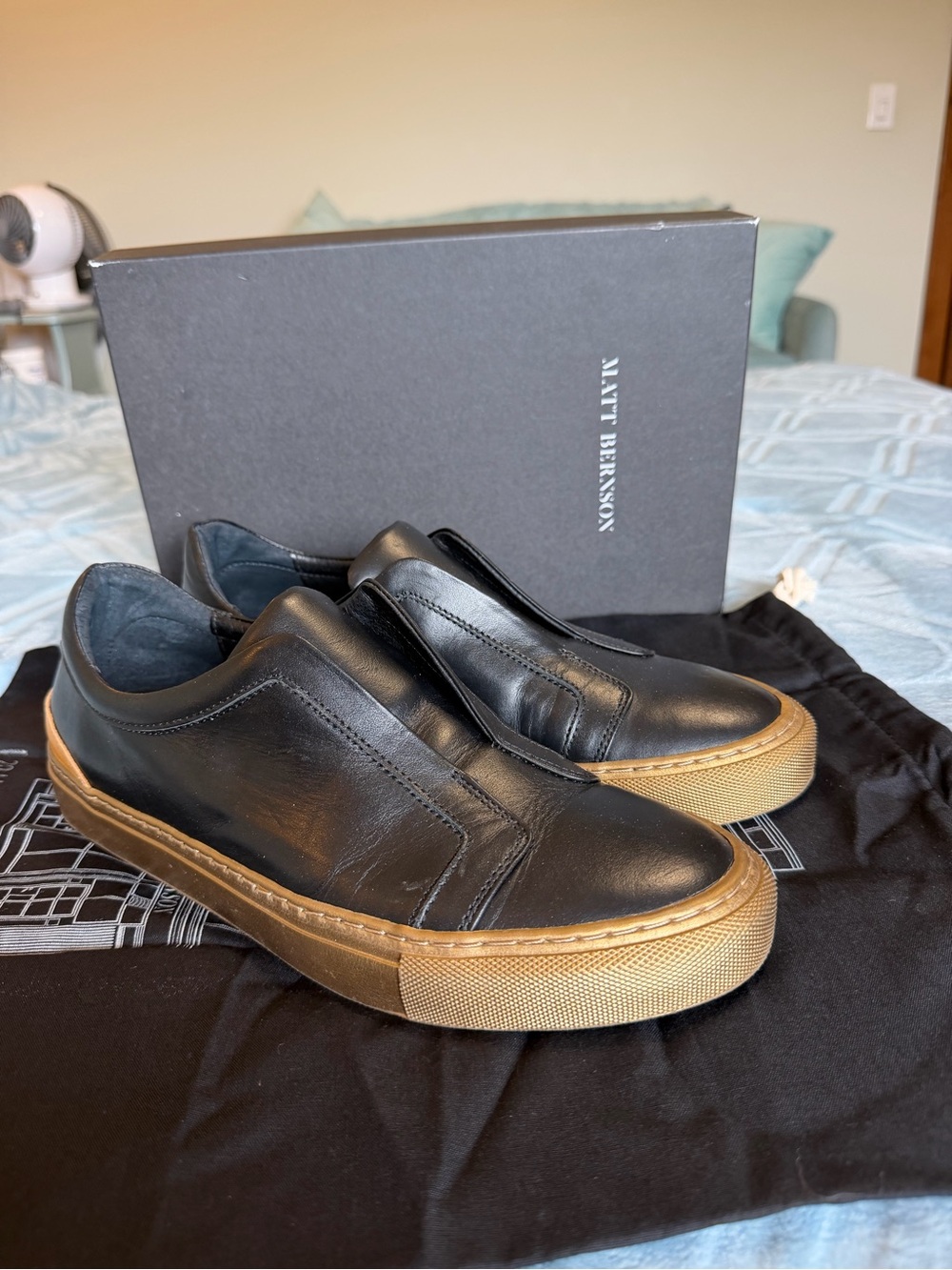 Matt Bernson Black Leather Slip-On Sneakers with Brown/Tan Sole